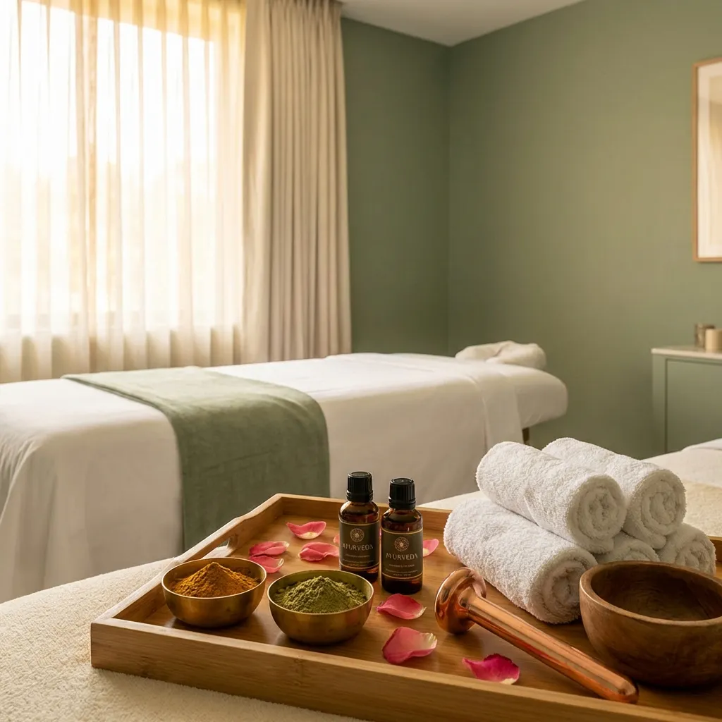 Ayurvedic facial treatment setup with herbal preparations and spa equipment